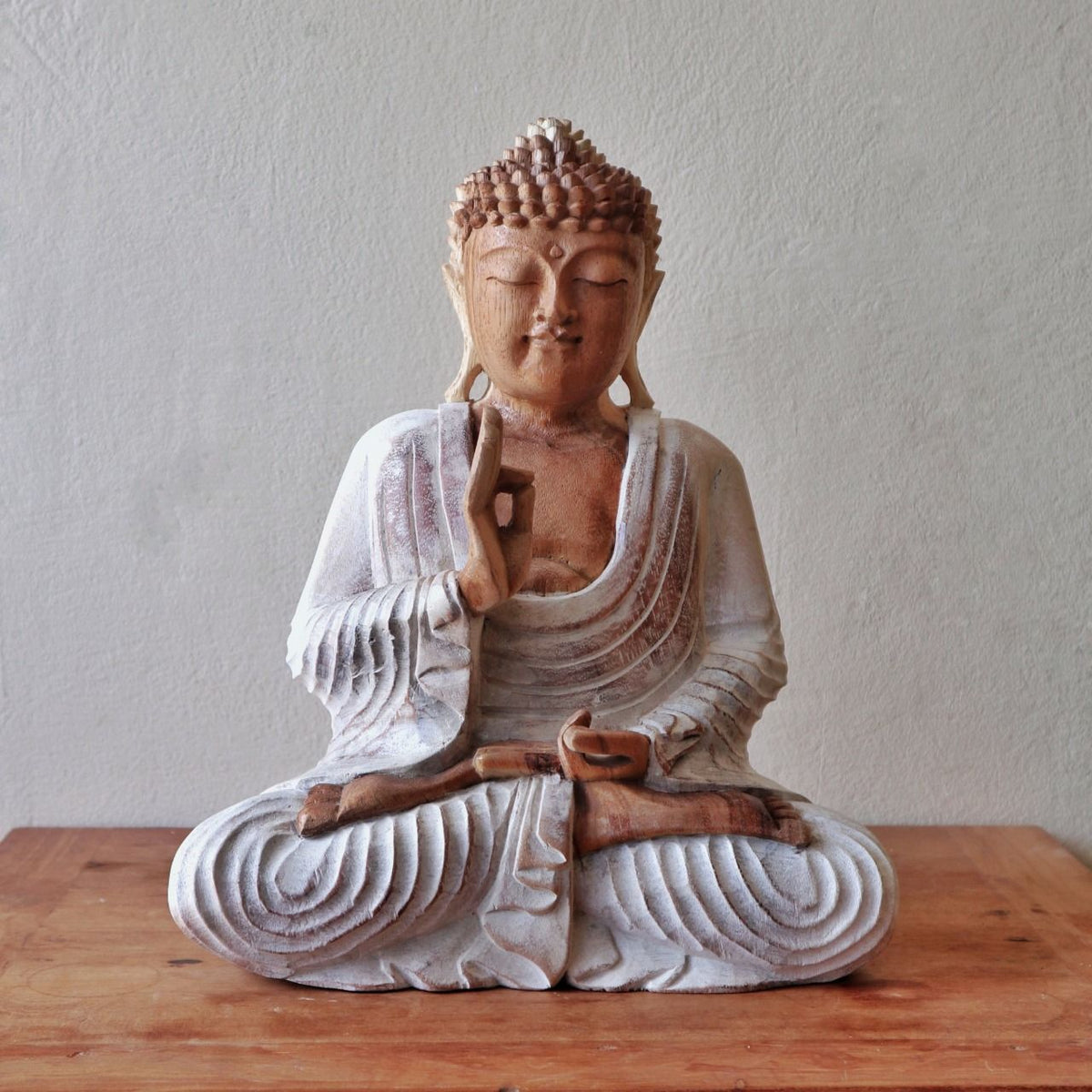 Hand Carved Buddha Statue - 30cm Teaching Transmission - Whitewash