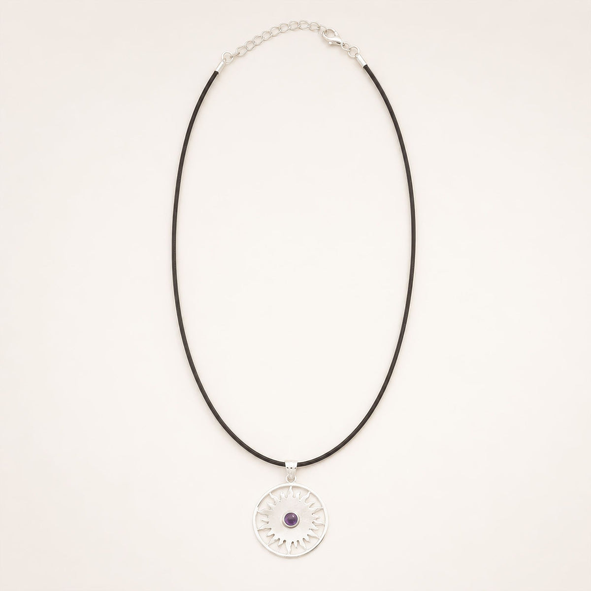 Indian Devotional Pendant - Silver Plated (45cm Cord)- Sun Worship Amethyst