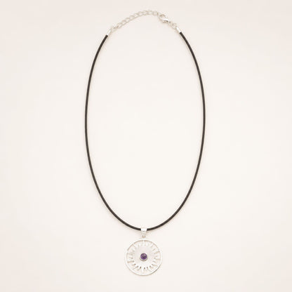 Indian Devotional Pendant - Silver Plated (45cm Cord)- Sun Worship Amethyst