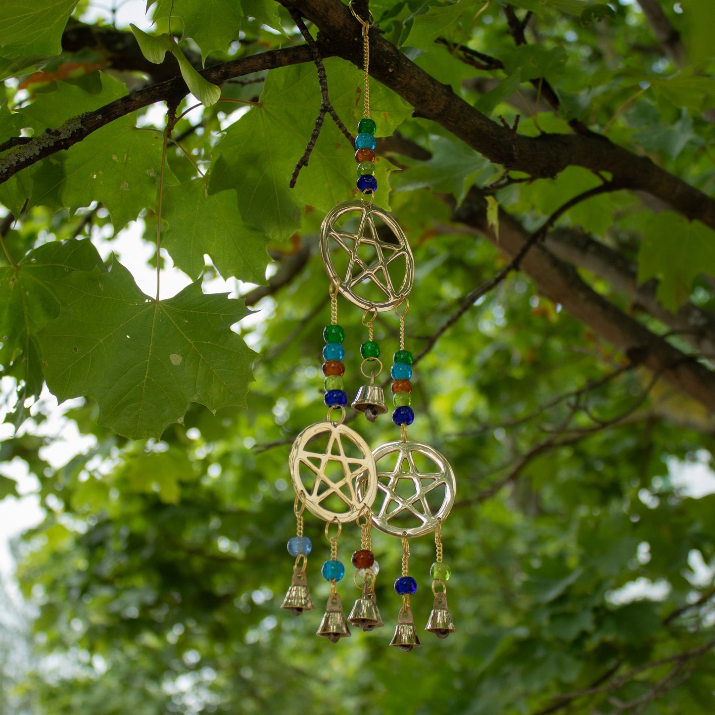 Indian Chimes - Brass Tri-Pentagram  - 7 Bells - 9.5x32cm