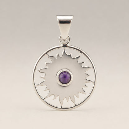 Indian Devotional Pendant - Silver Plated (45cm Cord)- Sun Worship Amethyst