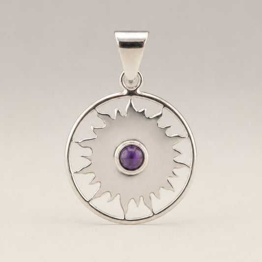 Indian Devotional Pendant - Silver Plated (45cm Cord)- Sun Worship Amethyst
