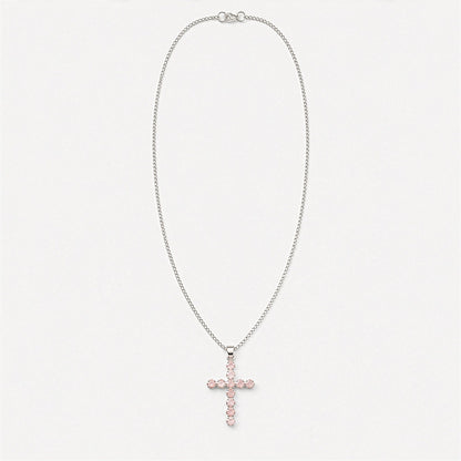 Indian Devotional Pendant - Silver Plated (45cm Chain)- Rose Quartz Crucifix