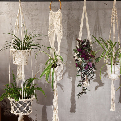 Macrame Pot Holder - Long With Ratten Hoop