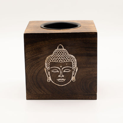 Large Square Mango Wood Oil Burner- Buddha Face