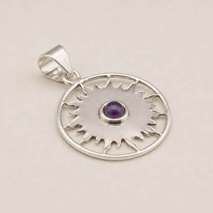 Indian Devotional Pendant - Silver Plated (45cm Cord)- Sun Worship Amethyst