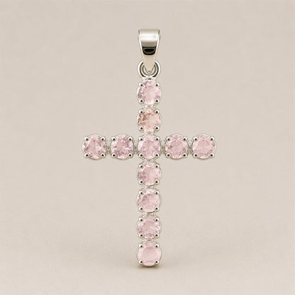 Indian Devotional Pendant - Silver Plated (45cm Chain)- Rose Quartz Crucifix