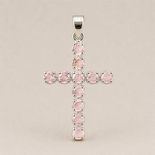Indian Devotional Pendant - Silver Plated (45cm Chain)- Rose Quartz Crucifix