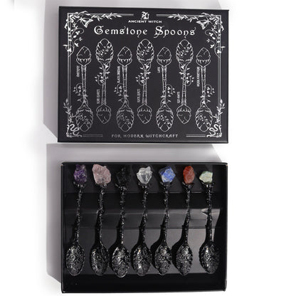 Set of 7 Dark Silver Gemstone Crystal Witch Spoons