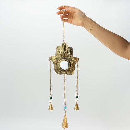 Indian Chimes - Hamsa Sm Mirror 3 Bells - 14x55cm
