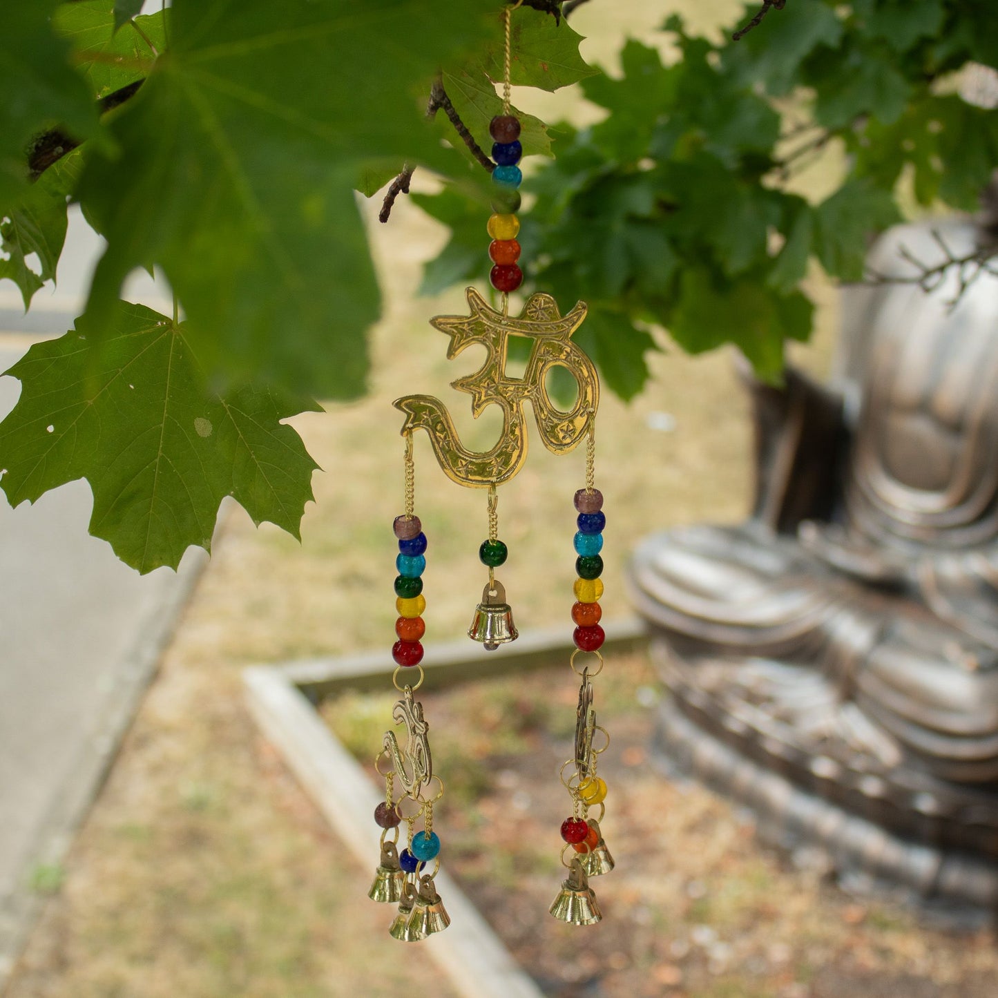 Indian Chimes - Brass Om with Chakra Beads - 7 Bells - 9.5x32cm
