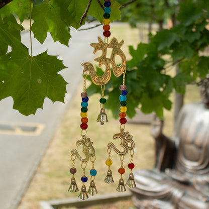 Indian Chimes - Brass Om with Chakra Beads - 7 Bells - 9.5x32cm