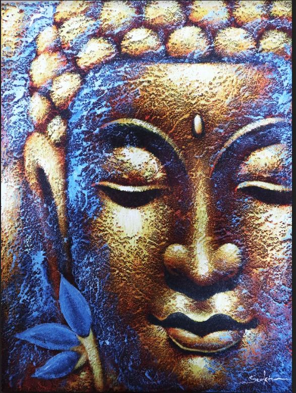 Buddah Painting - Gold Face & Lotus Flower 60x80cm