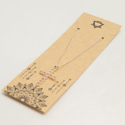 Indian Devotional Pendant - Silver Plated (45cm Chain)- Rose Quartz Crucifix