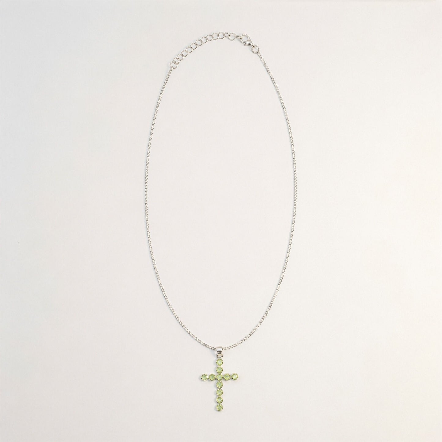 Indian Devotional Pendant - Silver Plated (45cm Chain)- Peridot Crucifix