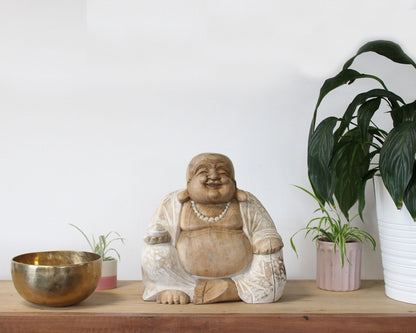 Hand Carved Buddha Statue - 30cm Happy - Whitewash