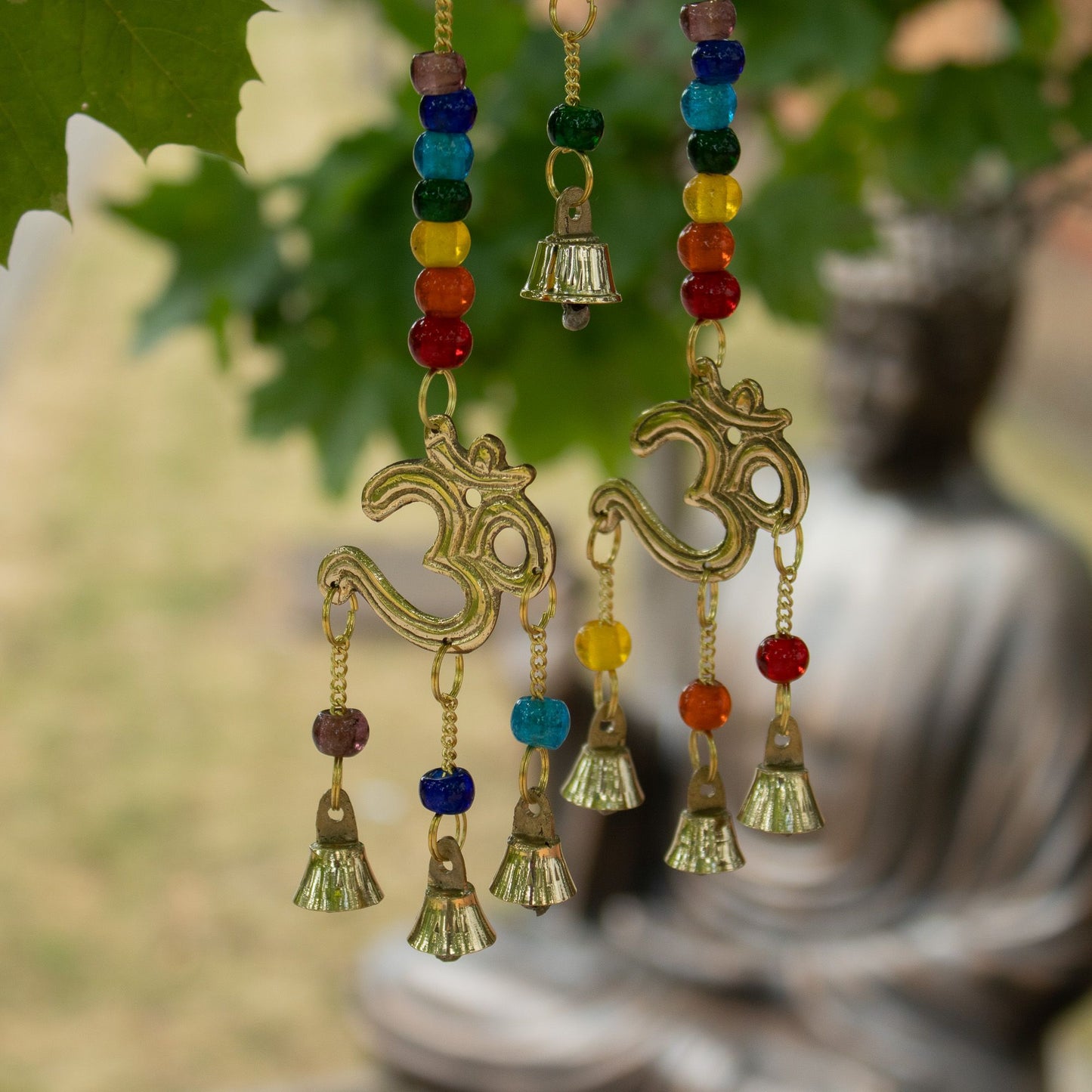 Indian Chimes - Brass Om with Chakra Beads - 7 Bells - 9.5x32cm