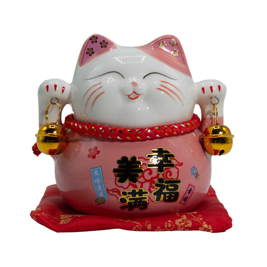 Ceramic Money Cat Bank - Pink on Cushion