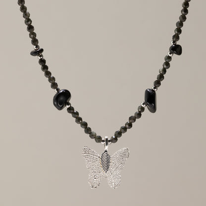 Nymph Black Obsidian Gemstone Necklace with Real Leaf Butterfly Pendant