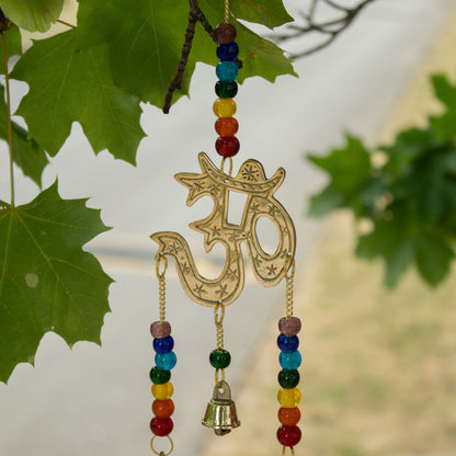 Indian Chimes - Brass Om with Chakra Beads - 7 Bells - 9.5x32cm