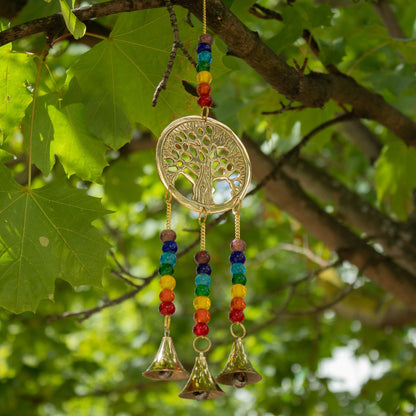Indian Chimes - Brass Tree of Life with Chakra Beads - 3 Bells - 6.5x31cm