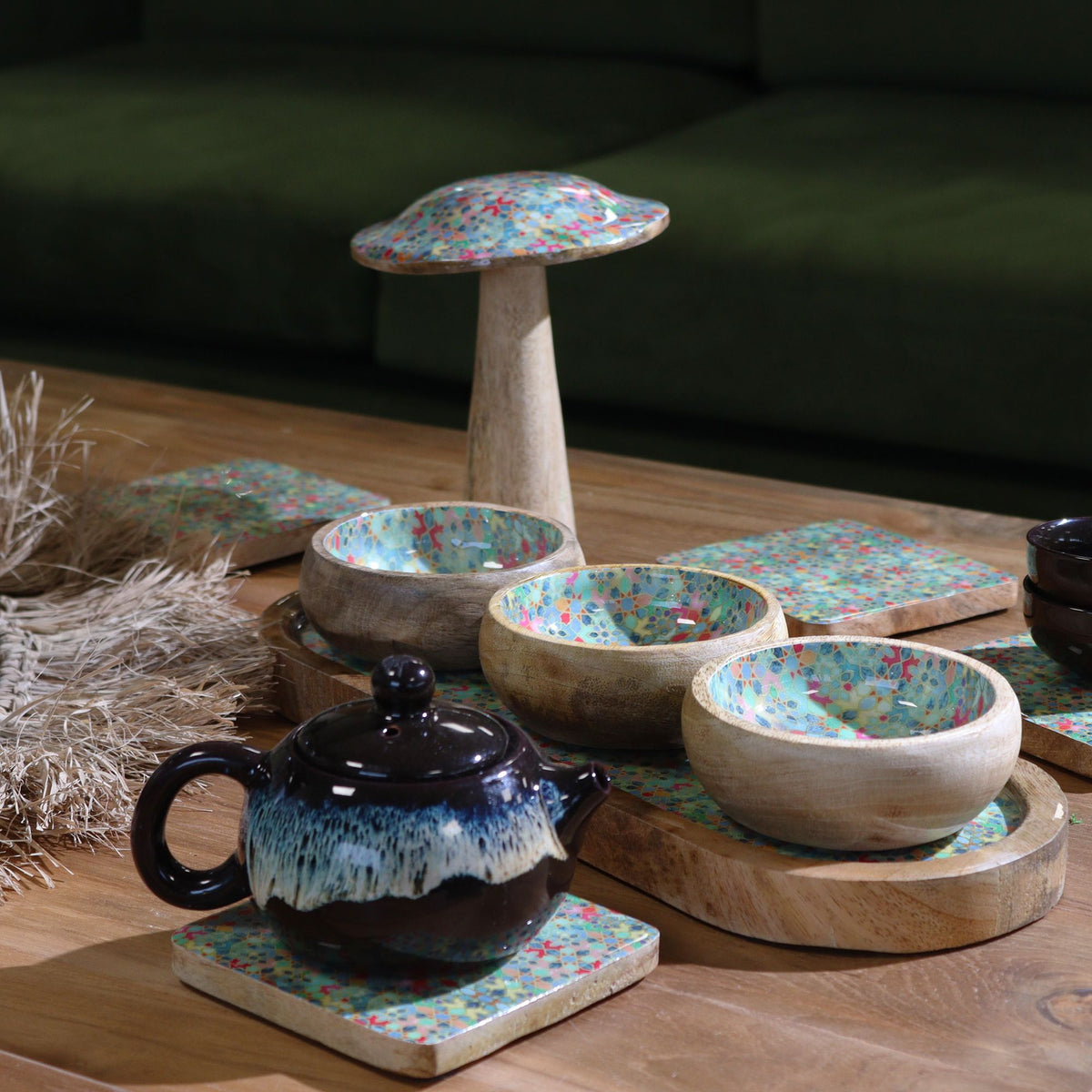 Mango Wood Tray with 3 Bowls - Mediterraian Tile pattern