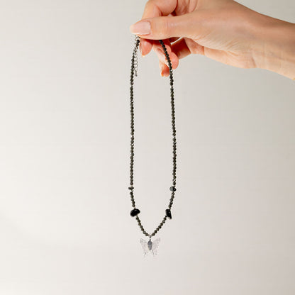 Nymph Black Obsidian Gemstone Necklace with Real Leaf Butterfly Pendant
