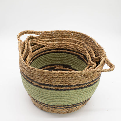 Cotton & Seagrass Large Baskets - Natural Black & Green- Set of 3