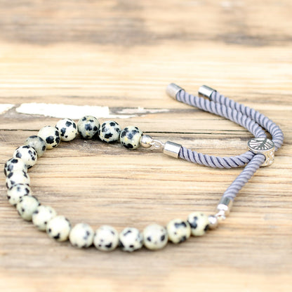 925 Silver Plated Gemstone Charcoal String Bracelet - Dalmation Jasper