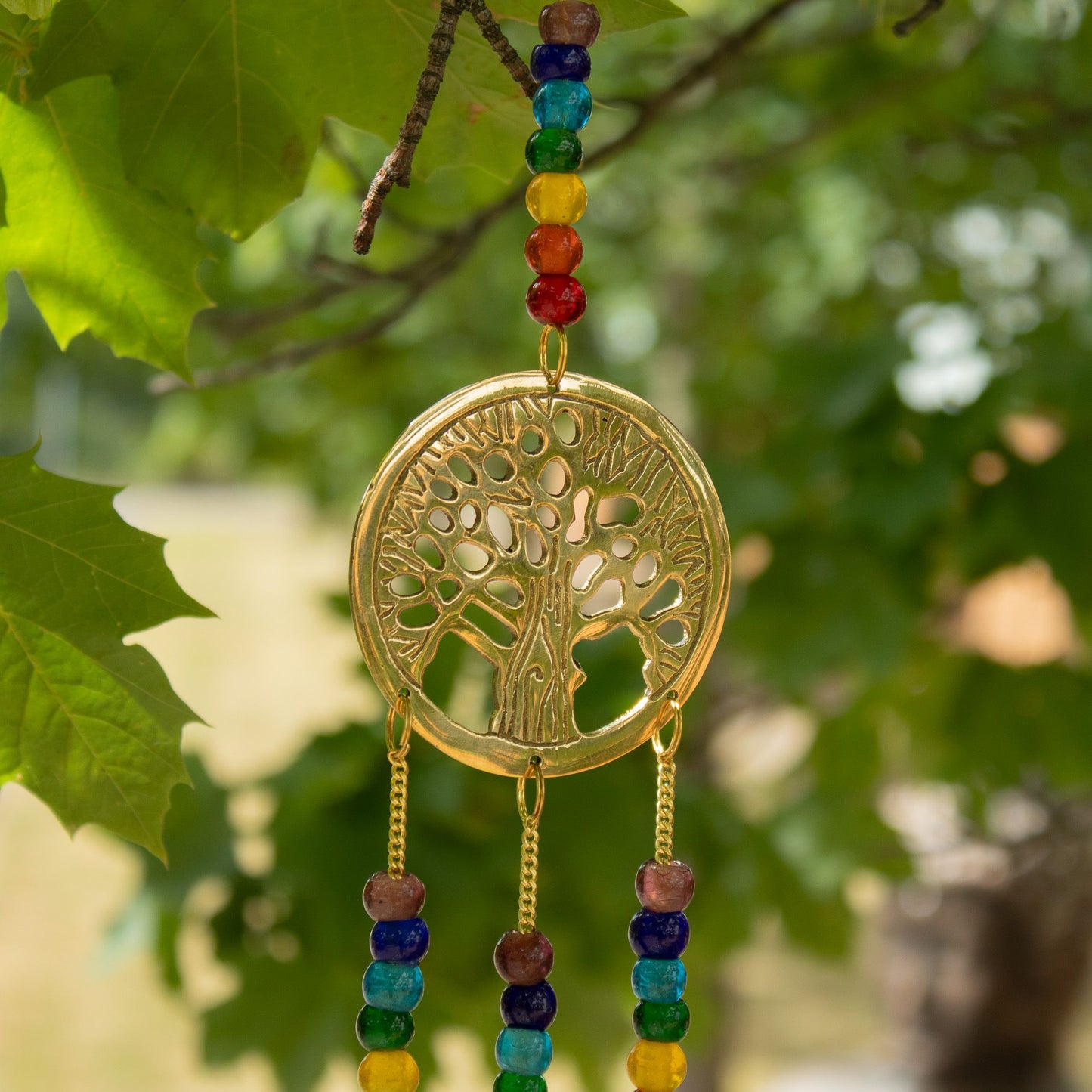 Indian Chimes - Brass Tree of Life with Chakra Beads - 3 Bells - 6.5x31cm
