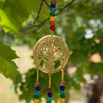 Indian Chimes - Brass Tree of Life with Chakra Beads - 3 Bells - 6.5x31cm