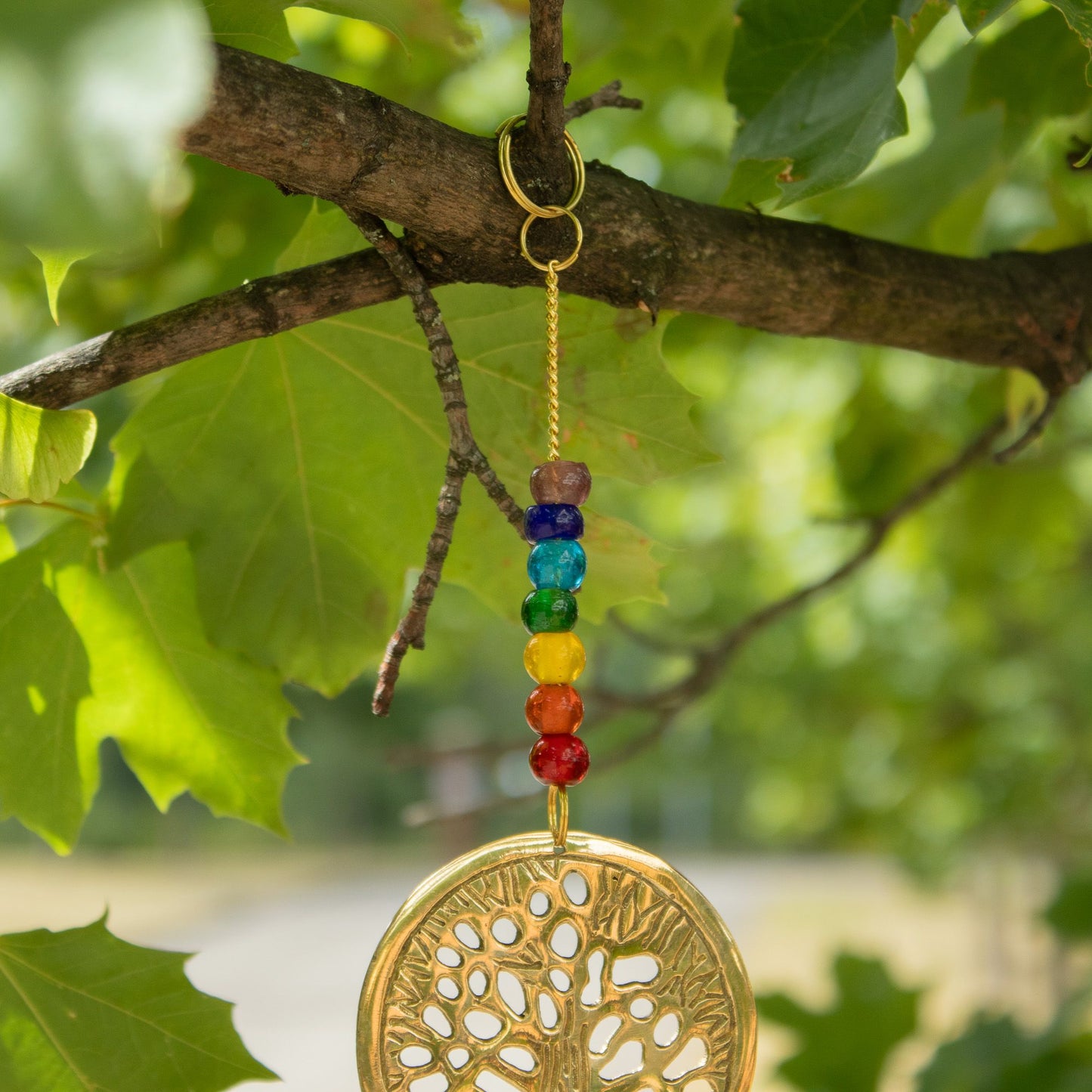 Indian Chimes - Brass Tree of Life with Chakra Beads - 3 Bells - 6.5x31cm