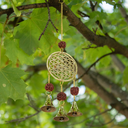 Indian Chimes - Brass Flower of Life with Rudraksha Beads - 3 Bells - 6x27cm