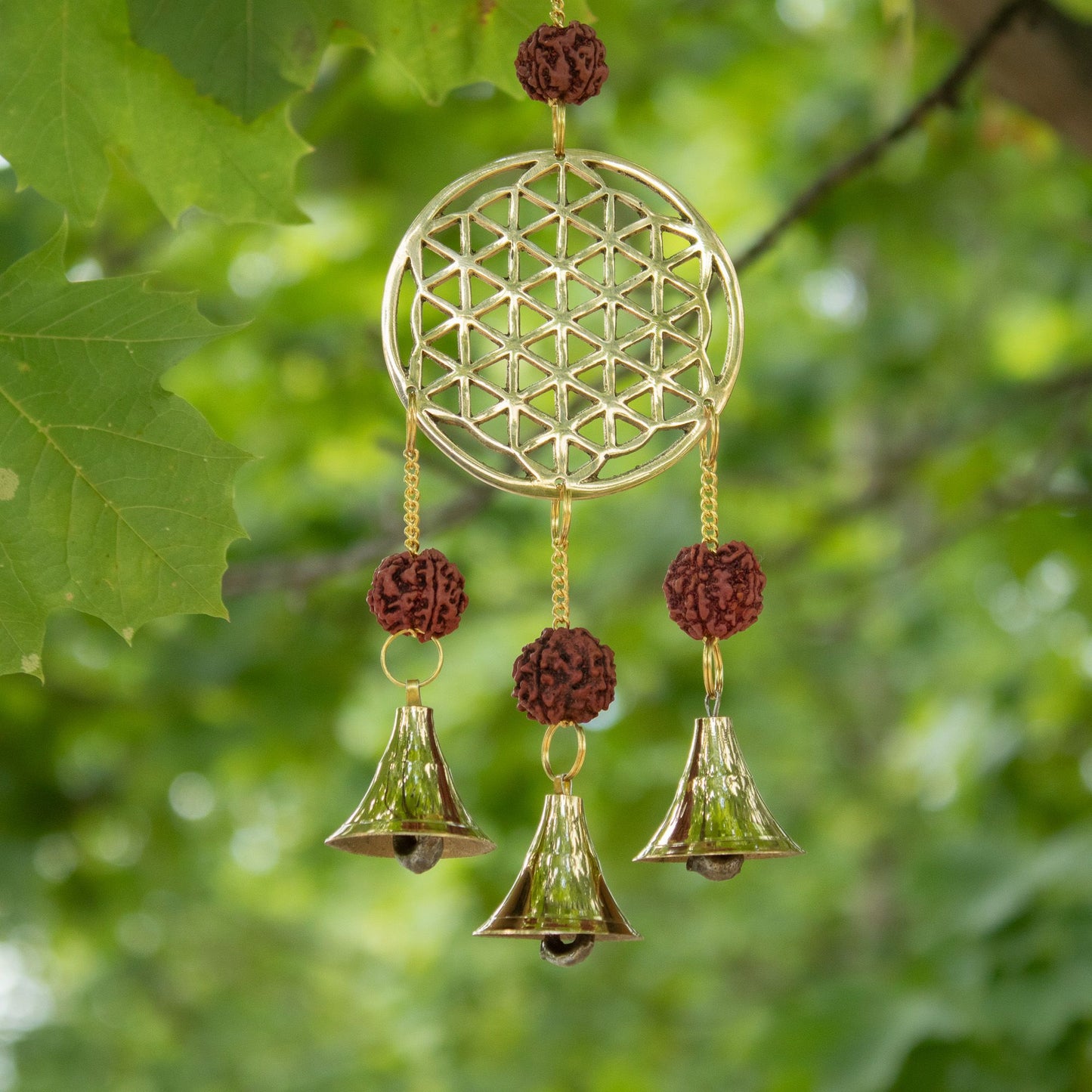 Indian Chimes - Brass Flower of Life with Rudraksha Beads - 3 Bells - 6x27cm