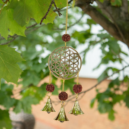 Indian Chimes - Brass Flower of Life with Rudraksha Beads - 3 Bells - 6x27cm