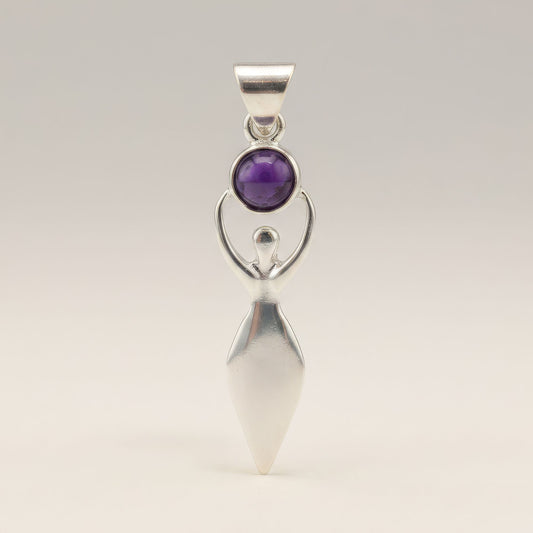 Indian Devotional Pendant - Silver Plated (45cm Cord)- Goddess Amethyst
