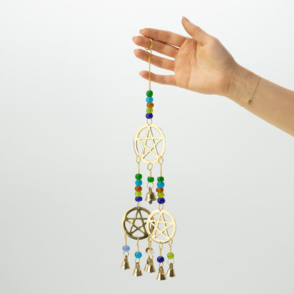 Indian Chimes - Brass Tri-Pentagram  - 7 Bells - 9.5x32cm