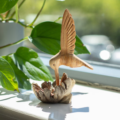 Handmade Parasite Wood Art Carving - Nectar Drinking Hummingbird