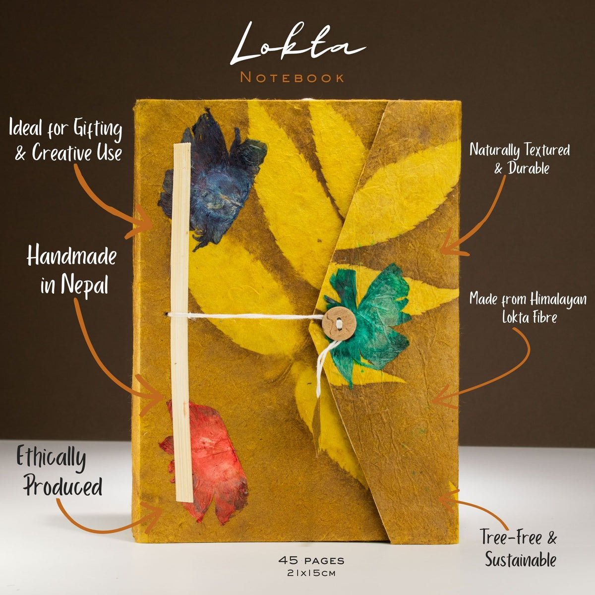 Lokta Bold Floral Notebook – Large (21x15cm) – 45 Leaves – Includes Bookmark – Olive