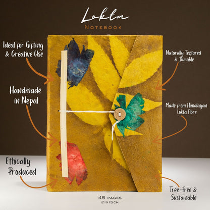 Lokta Bold Floral Notebook – Large (21x15cm) – 45 Leaves – Includes Bookmark – Olive