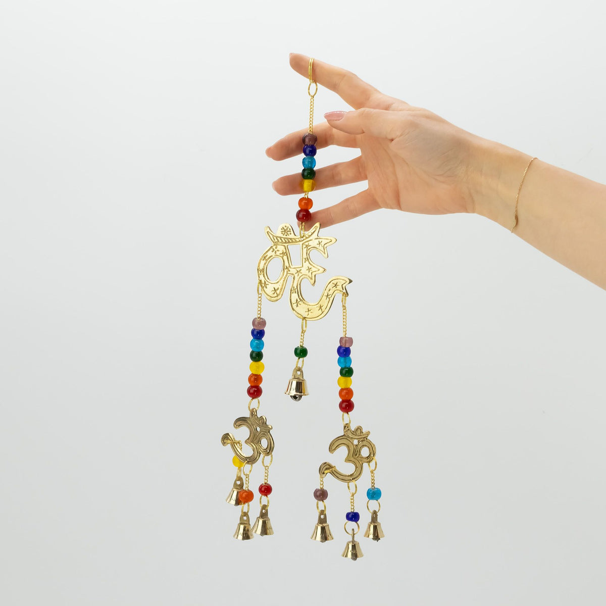 Indian Chimes - Brass Om with Chakra Beads - 7 Bells - 9.5x32cm