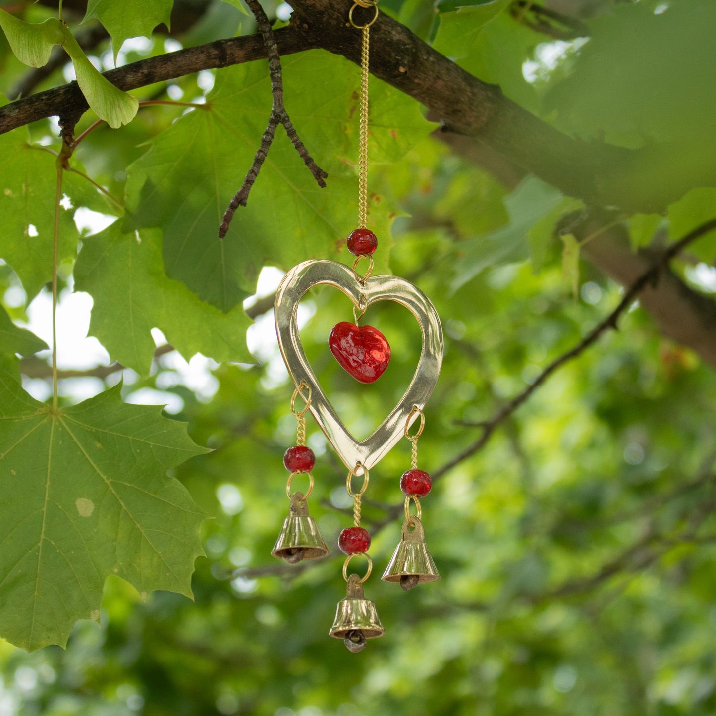 Indian Chimes - Brass With Ruby Glass Heart Beads - 3 Bells - 6.5x24cm