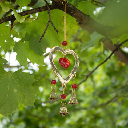 Indian Chimes - Brass With Ruby Glass Heart Beads - 3 Bells - 6.5x24cm