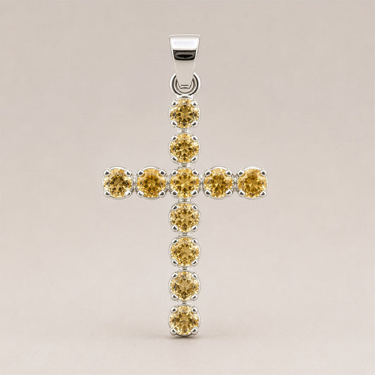 Indian Devotional Pendant - Silver Plated (45cm Chain)- Citrine Crucifix