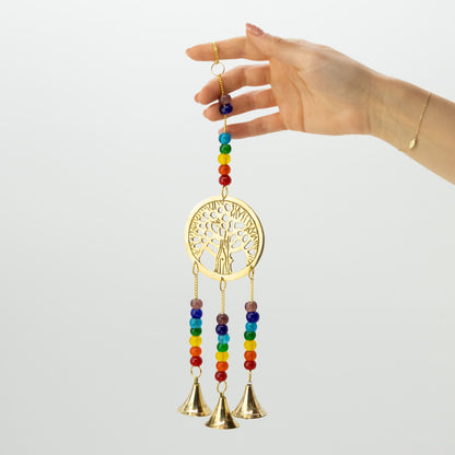 Indian Chimes - Brass Tree of Life with Chakra Beads - 3 Bells - 6.5x31cm