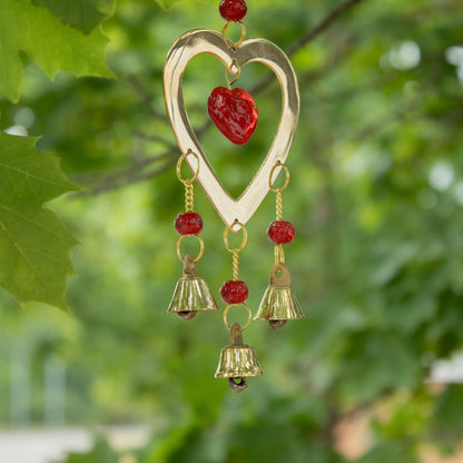 Indian Chimes - Brass With Ruby Glass Heart Beads - 3 Bells - 6.5x24cm
