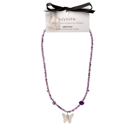 Nymph Amethyst Gemstone Necklace with Real Leaf Butterfly Pendant