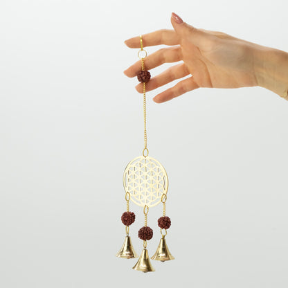 Indian Chimes - Brass Flower of Life with Rudraksha Beads - 3 Bells - 6x27cm