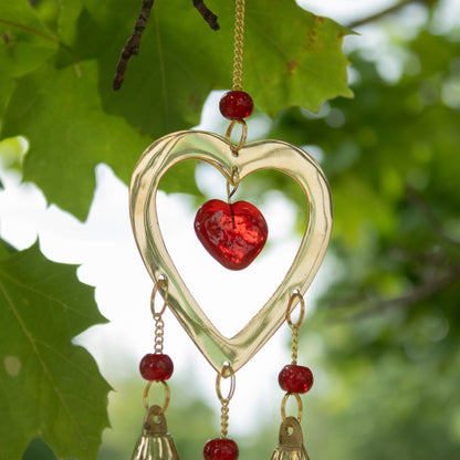 Indian Chimes - Brass With Ruby Glass Heart Beads - 3 Bells - 6.5x24cm