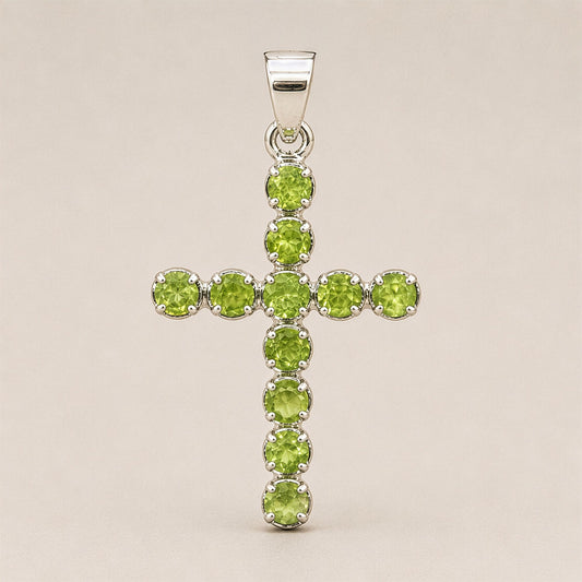 Indian Devotional Pendant - Silver Plated (45cm Chain)- Peridot Crucifix